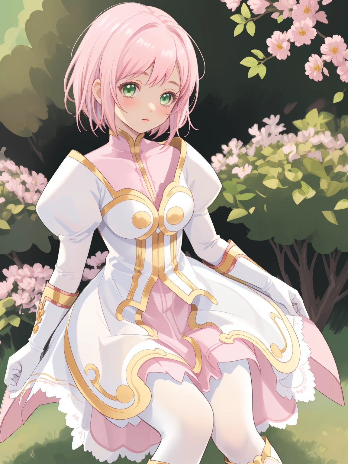 masterpiece, Highest quality, alone, One Girl,Estellise Sidos Heurassein, Pink Hair, short hair, Green Eyes, Small breasts, White and pink dress, Glamorous Dress, Pink collar, Pink Skirt, White boots, White gloves, (Black Pantyhose, Black legwear:1.1)whole body, Little:5, cute, (Beautifully detailed face), (Beautiful attention to detail), (Beautiful detailed hair)