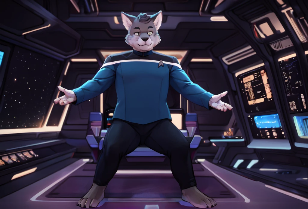 (((Barefoot furry character, full body, cinematic setting, furry male, plantigrade))) 
((Totoro)), studio ghibili, furry, big, fat, whiskers, grey skin, claws,
exudes confidence and authority on starship bridge, ((wears star trek lower decks uniform))), ((sttldunf star trek black and blue uniform)), long black pants, black shoulders, muscular figure, dynamic pose, action expression
((Bridge of starship with many screens and consoles)), futuristic look, metalic, bright colors
BREAK, intricate details, highly detailed, extreme detail, octane render, fine art, best quality, highres, (detailed face:1.5), ((full_body)), UHD, (((perfect hands))), ((low light:1.5))