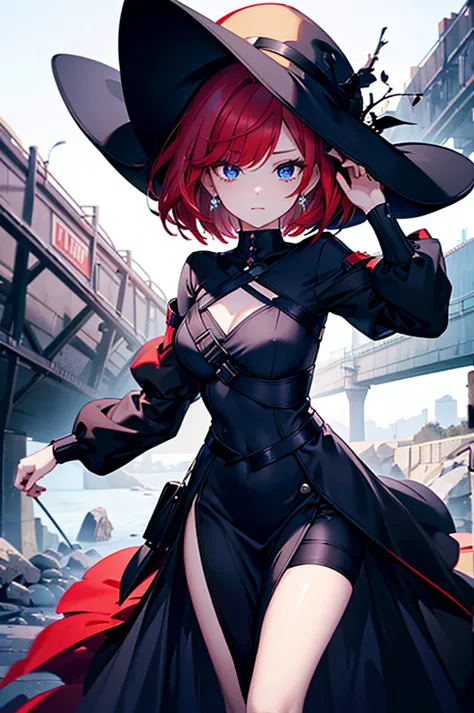 a beautiful girl with red hair wearing a black dress, detailed facial features, bob haircut, full body illustration, woman weari...