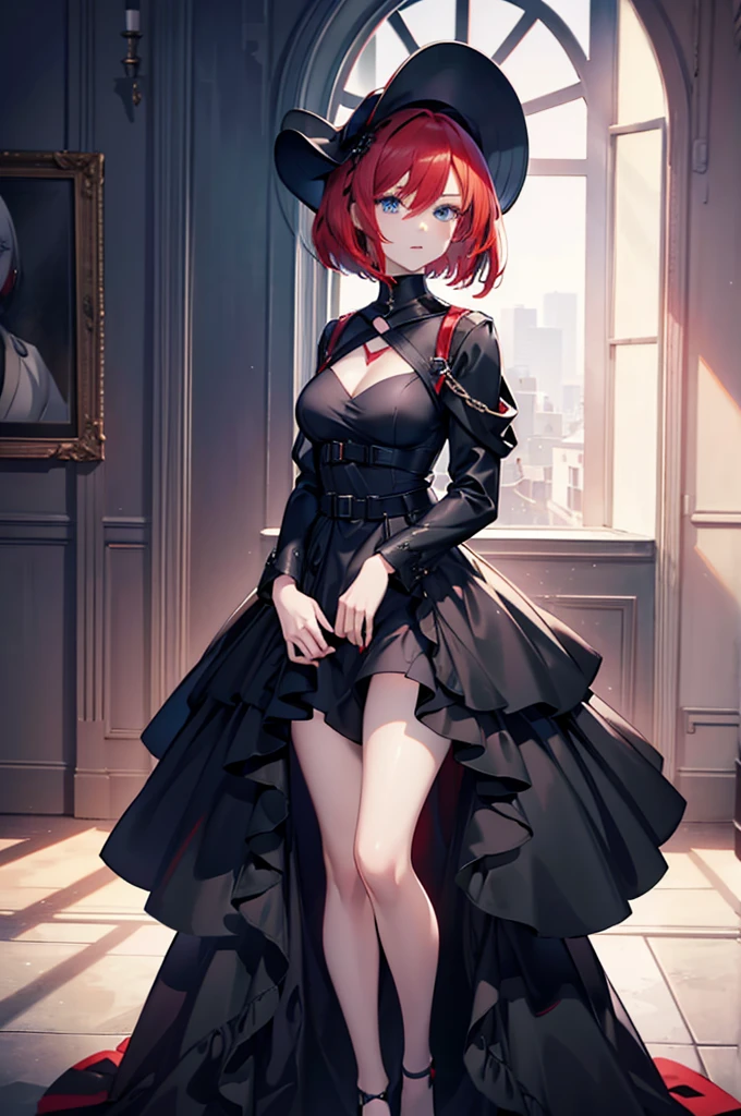 a beautiful girl with red hair wearing a black dress, detailed facial features, bob haircut, full body illustration, woman wearing a long black and red coat, solo character, white background, anime style, highly detailed, photorealistic, 8k, best quality, masterpiece, blue eyes, short hair