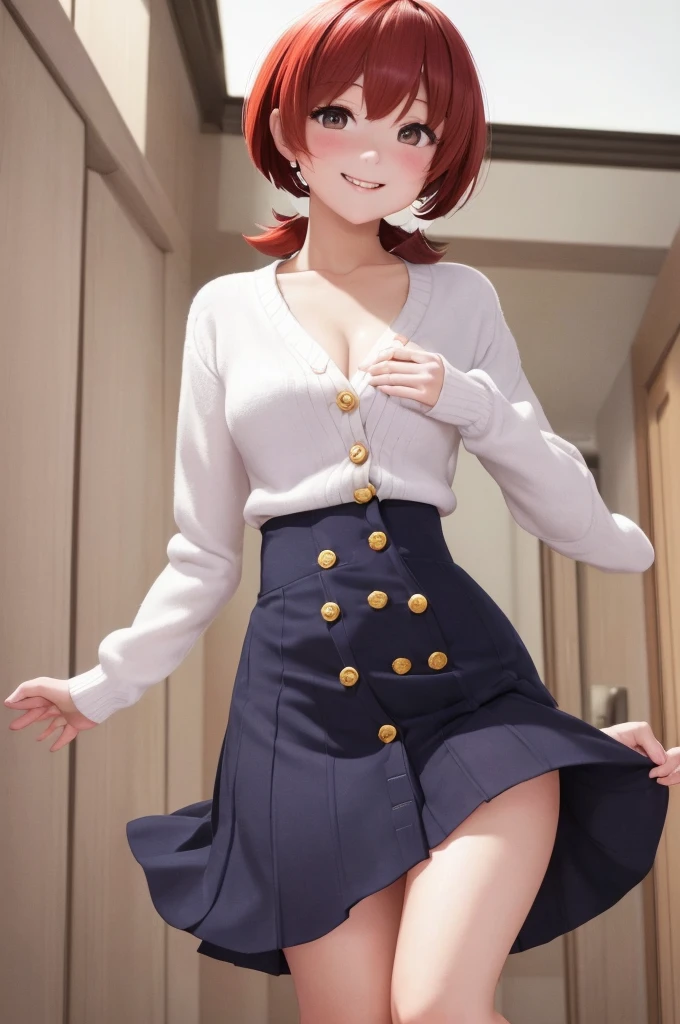 (The ultimate masterpiece), (Ultra HD), (Ultra-fine), High resolution, Ultimate beauty, High chroma, vivid, (pretty girl), Thighs, (cardigan), (skirt), Super Smile, Mouth open, Red hair,ショートBob，(Bob),Red Eyes ,Small breasts, Cute room