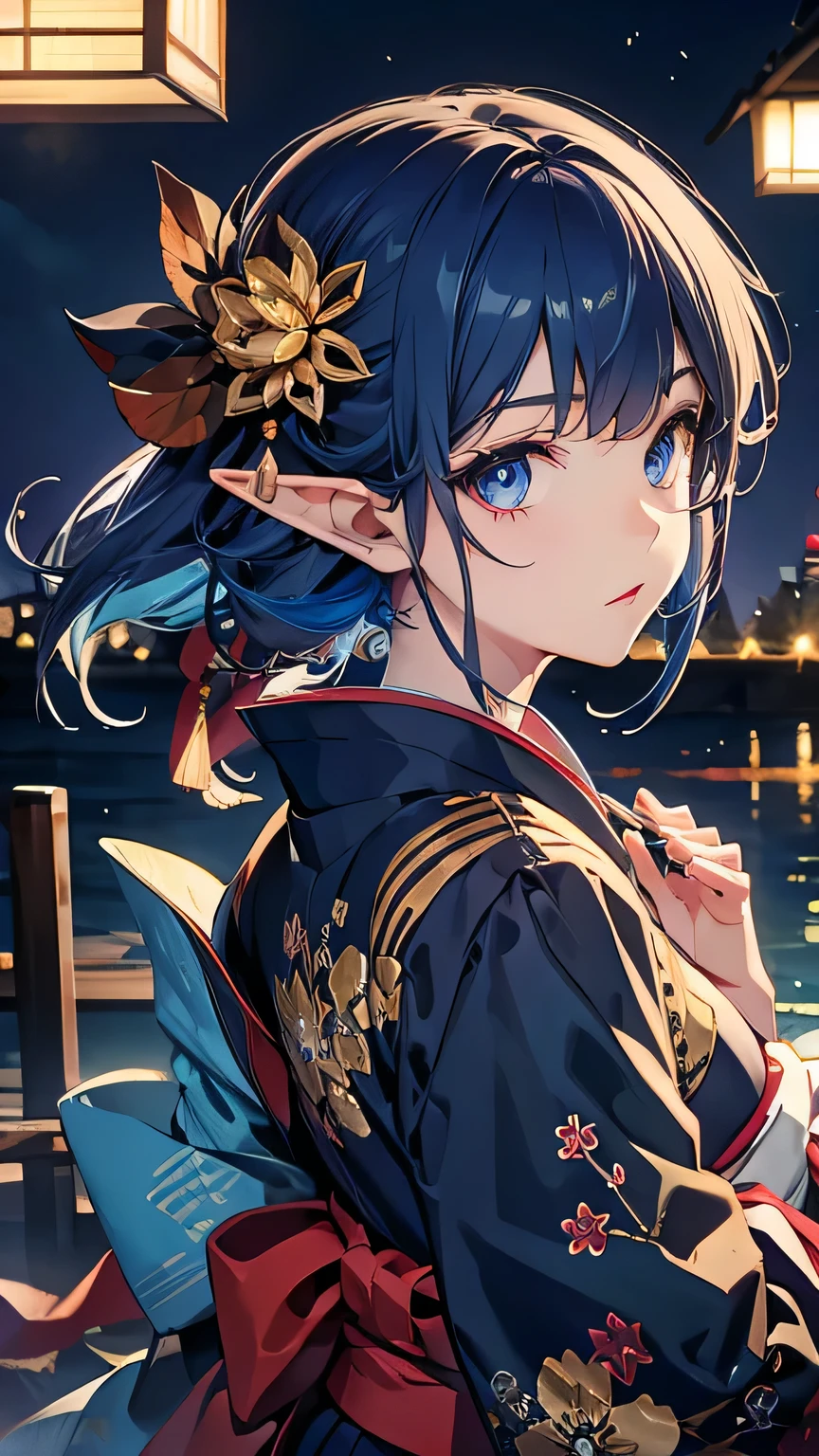 ((best quality)), ((masterpiece)), (detailed face and eyes), detailed hands and fingers, perfect face, accurate, textured skin, high details, blue hair, elf, multicolored eyes, pointy ears, kimono, wearing japanese traditional cloth, kanzashi, Night view, fireworks in the background, from back