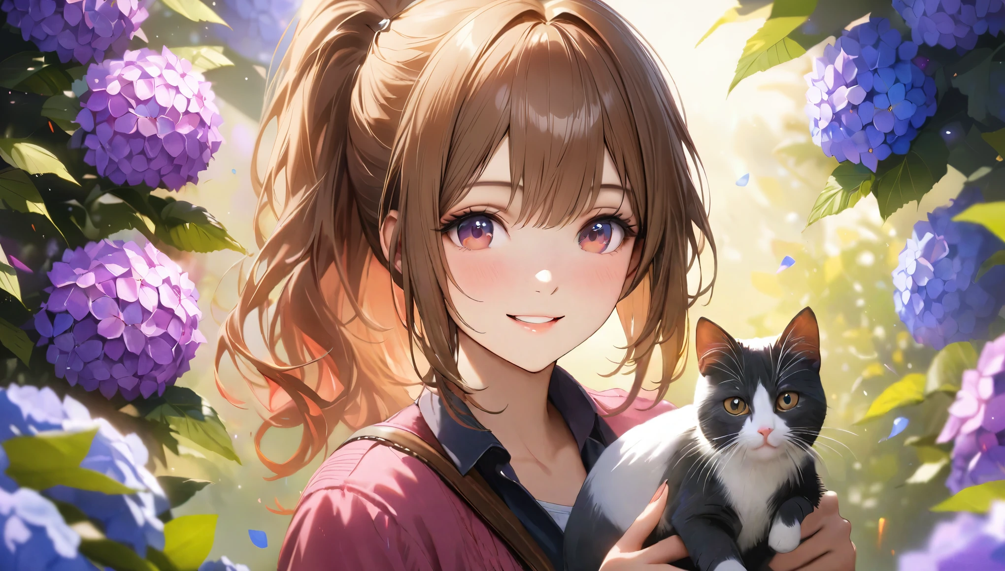 Hydrangea Park, Cute casual clothes,Holding a cat,Blur the background,high school girl,ponytail,smile,Glitter effect,Highest quality, 4K, 8K, High resolution, masterpiece:1.2, Very detailed, Realistic:1.37, High resolution, 超High resolution, Ultra-fine painting, Sharp focus, Physically Based Rendering, Very detailedな説明, Professional, Vibrant colors