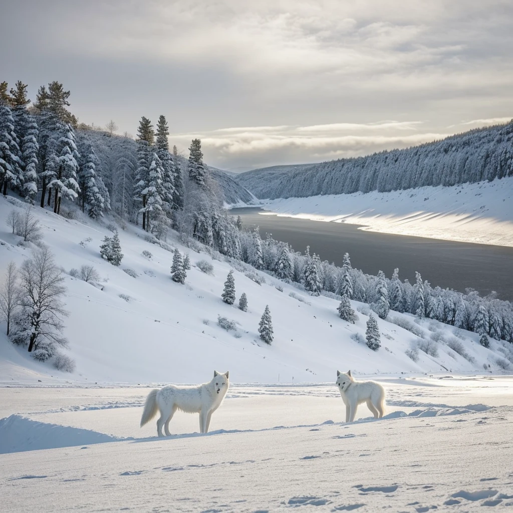 Crea una impresionante obra de arte de un sereno lobo ártico, enclavado en un paisaje nevado. Destaca el contraste del lobo blanco contra lo salvaje., fondo negro. Captura la tranquilidad de la bestia dormida., creando una cautivadora pieza de arte mural.&quot;