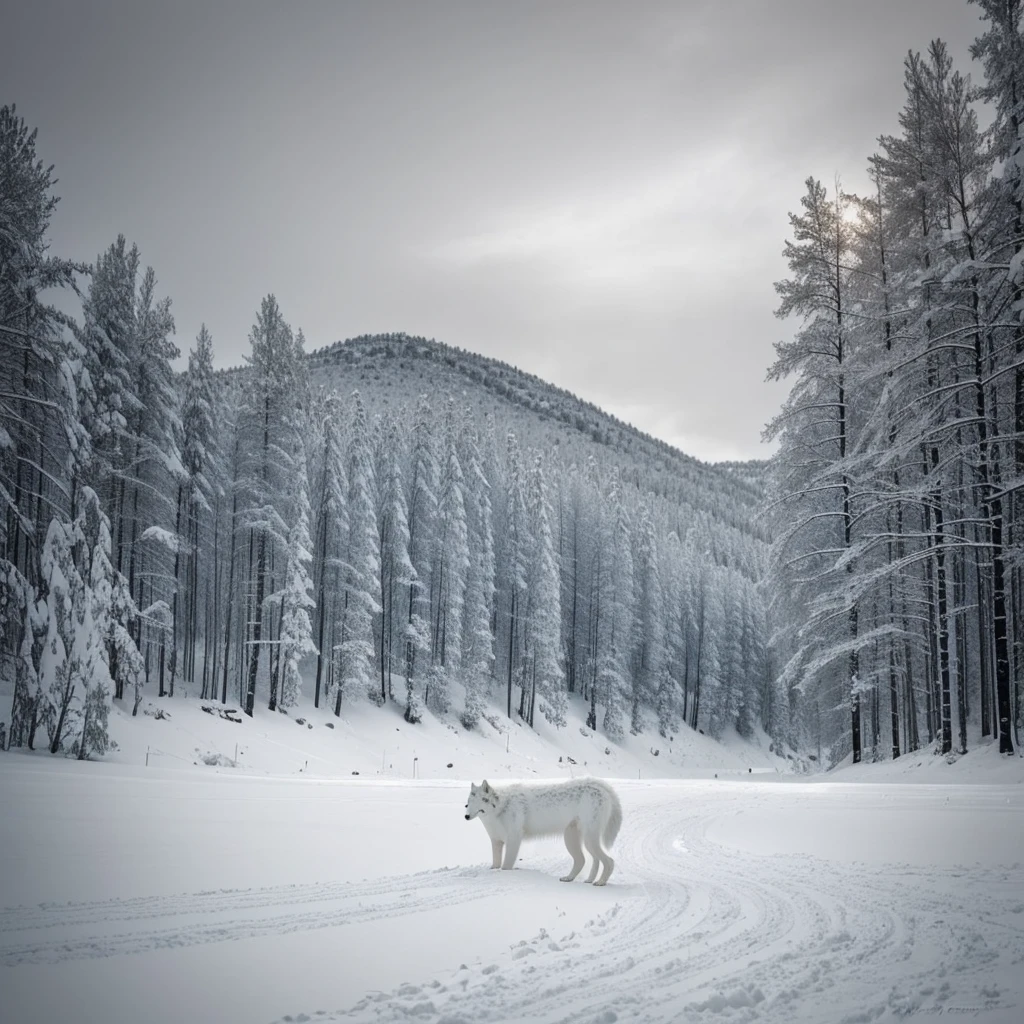 Crie uma obra de arte impressionante de um lobo ártico sereno, aninhado em uma paisagem nevada. Enfatize o contraste do lobo branco com o selvagem, pano de fundo preto. Capture a tranquilidade da fera adormecida, criando uma peça de arte de parede cativante.”