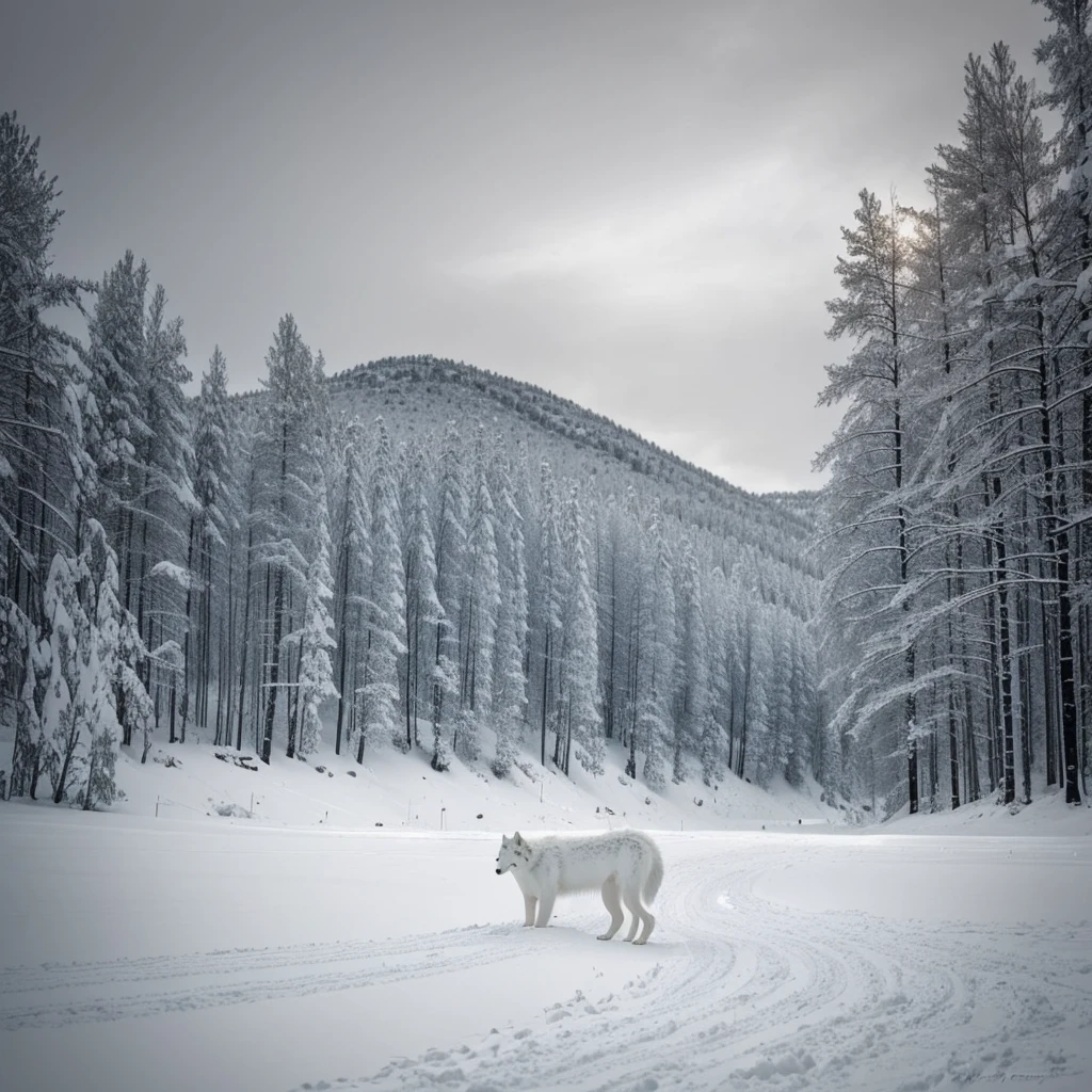 Ein atemberaubendes Kunstwerk eines ruhigen arktischen Wolfes schaffen, eingebettet in eine schneebedeckte Landschaft. Den Kontrast des weißen Wolfes gegen die Wildnis hervorheben, schwarzer Hintergrund. Die Ruhe des schlafenden Tieres einfangen, ein fesselndes Wandbild schaffen.”