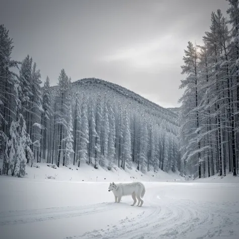 Craft a stunning artwork of a serene Arctic wolf, nestled in a snowy landscape. Emphasize the contrast of the white wolf against...