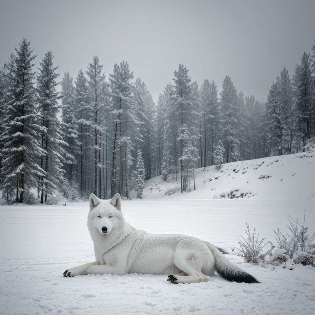 Crie uma obra de arte impressionante de um lobo ártico sereno, aninhado em uma paisagem nevada. Enfatize o contraste do lobo branco com o selvagem, pano de fundo preto. Capture a tranquilidade da fera adormecida, criando uma peça de arte de parede cativante.”