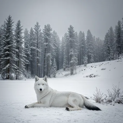 Craft a stunning artwork of a serene Arctic wolf, nestled in a snowy landscape. Emphasize the contrast of the white wolf against...