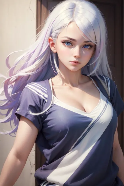 ((high quality, masterpiece:1.4)), 1girl, upper body, gym clothes, white hair, rainbow colored hair, gradient hair, pretty face,...