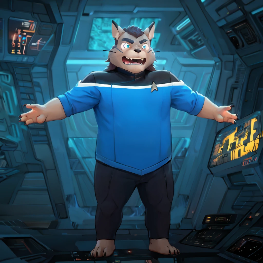 (((Barefoot furry character, full body, cinematic setting, furry male, plantigrade))) 
((Totoro)), studio ghibili, furry, big, fat, whiskers, grey skin, claws,
exudes confidence and authority on starship bridge, ((wears star trek lower decks uniform))), ((sttldunf star trek black and blue uniform)), long black pants, black shoulders, muscular figure, dynamic pose, action expression
((Bridge of starship with many screens and consoles)), futuristic look, metalic, bright colors
BREAK, intricate details, highly detailed, extreme detail, octane render, fine art, best quality, highres, (detailed face:1.5), ((full_body)), UHD, (((perfect hands))), ((low light:1.5))
