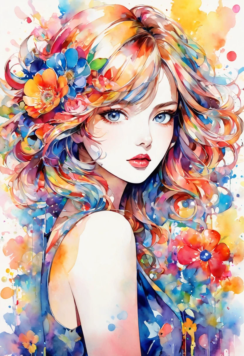 Beautiful woman portrait, Sylvia Pelissero watercolors, Colorful flowers、Beautiful Eyes、 Abstract art, Intense watercolor, Watercolor detailed art, Watercolor splash, Surreal, Avant-garde pop art, Beautiful and expressive paintings, Beautiful artwork illustration, Very colorful tones, wonderful, Cool Beauty, Highest quality,Official Art, women only, Sharp contours, Best Shot, Vector art, Lips in Love、 (((The most beautiful women in history))), (((Japanese)))、clear, (((Highest quality))), Lips in Love, High resolution, ((Detailed explanation)), Stylish Fashion, Detailed garment texture, (((Graffiti art))), Colorful Hair, ((masterpiece))、((Very detailed))