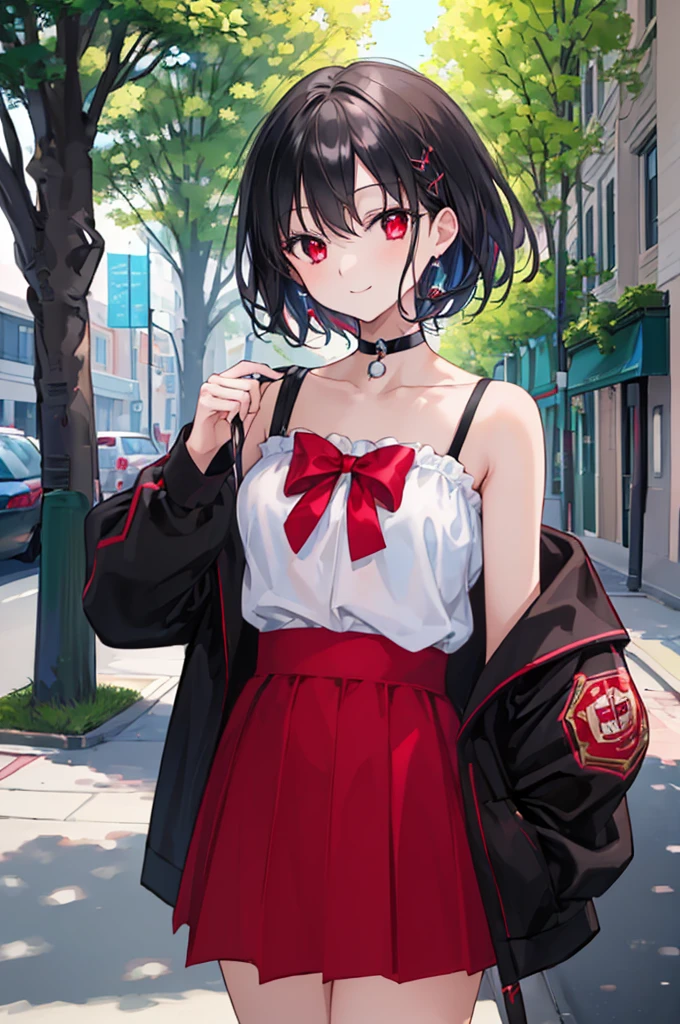 (masterpiece, highest quality, highest quality, (No text), Beautiful and aesthetic:1.2),No text,アニメ、BREAK,One Girl，Black Hair Girl　short hair　older sister　choker　Tree Eyes　Beautiful eyes　Red eyes　cool　smile　Red and Black　Black jacket　mini skirt　whole body　In town