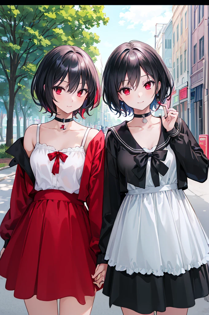 (masterpiece, highest quality, highest quality, (No text), Beautiful and aesthetic:1.2),No text,アニメ、BREAK,One Girl，Black Hair Girl　short hair　older sister　choker　Tree Eyes　Beautiful eyes　Red eyes　cool　smile　Red and Black　Black jacket　mini skirt　whole body　In town