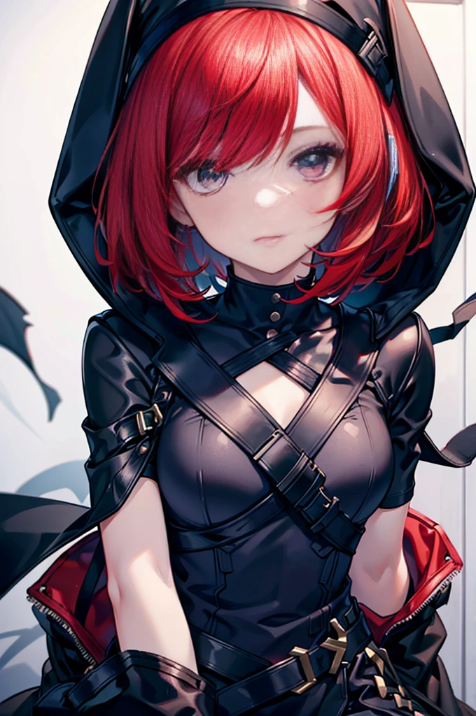 a beautiful girl with red hair wearing a black dress, detailed facial features, bob haircut, woman wearing a long black and red coat, solo character, white background, anime style, highly detailed, photorealistic, 8k, best quality, masterpiece, blue eyes, short hair