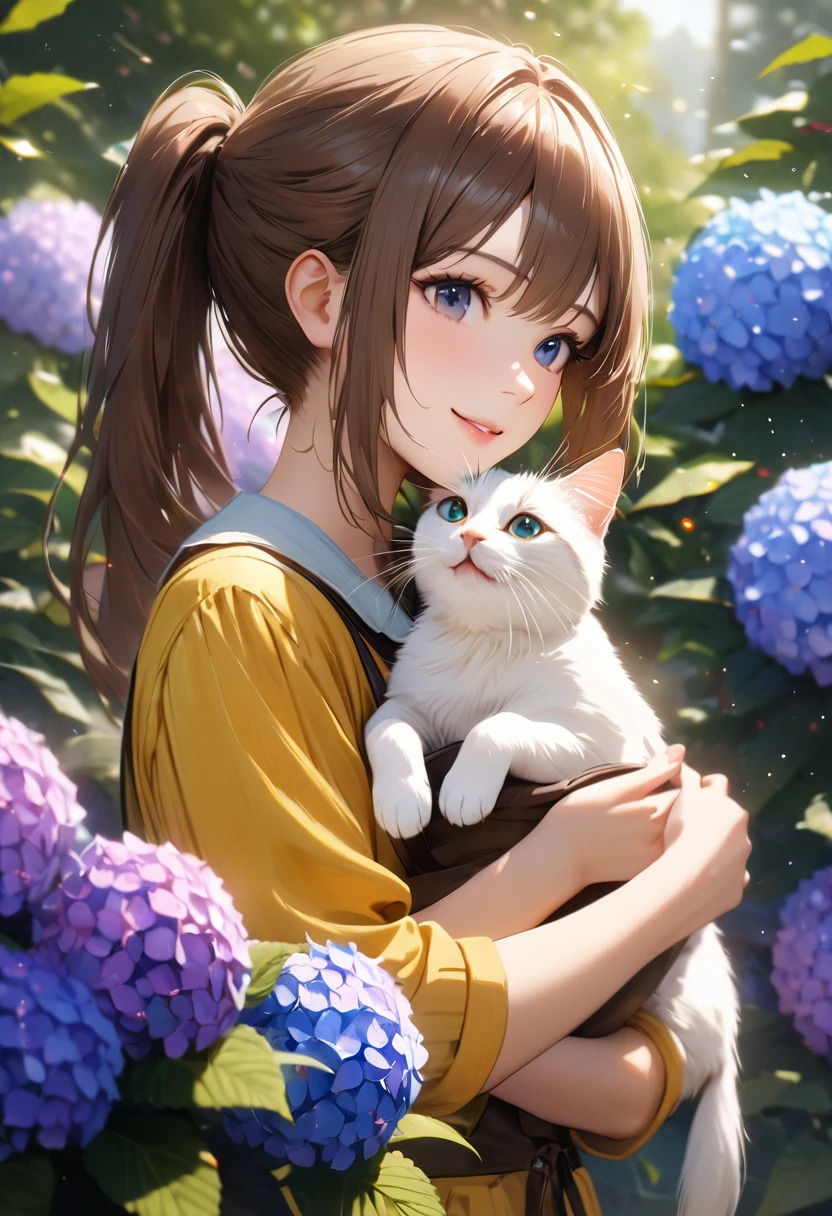 Hydrangea Park, Cute casual clothes,Holding a cat,Blur the background,high school girl,ponytail,smile,Glitter effect,Highest quality, 4K, 8K, High resolution, masterpiece:1.2, Very detailed, Realistic:1.37, High resolution, 超High resolution, Ultra-fine painting, Sharp focus, Physically Based Rendering, Very detailedな説明, Professional, Vibrant colors