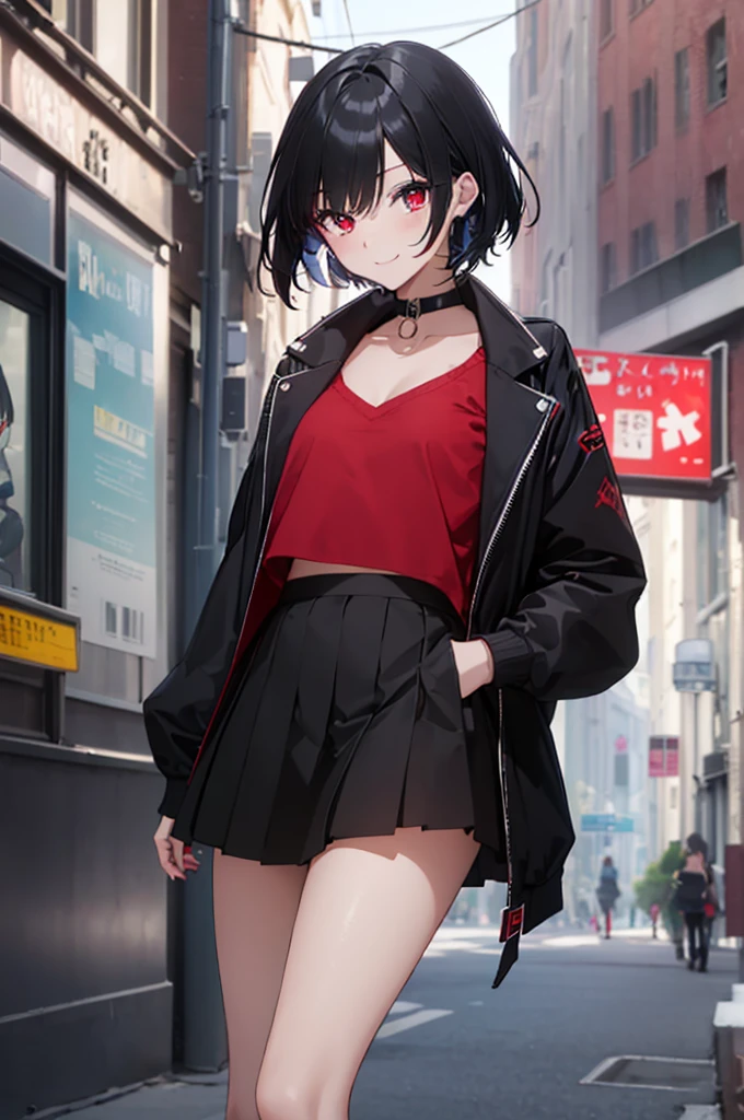 (masterpiece, highest quality, highest quality, (No text), Beautiful and aesthetic:1.2),No text,アニメ、BREAK,One Girl，Black Hair Girl　short hair　older sister　choker　Tree Eyes　Beautiful eyes　Red eyes　cool　smile　Red and Black　Black jacket　mini skirt　whole body　In town