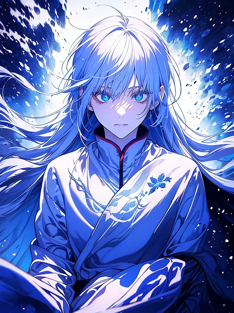 Gojo Satoru walk in winter coated in snow ,white hair , blue eyes