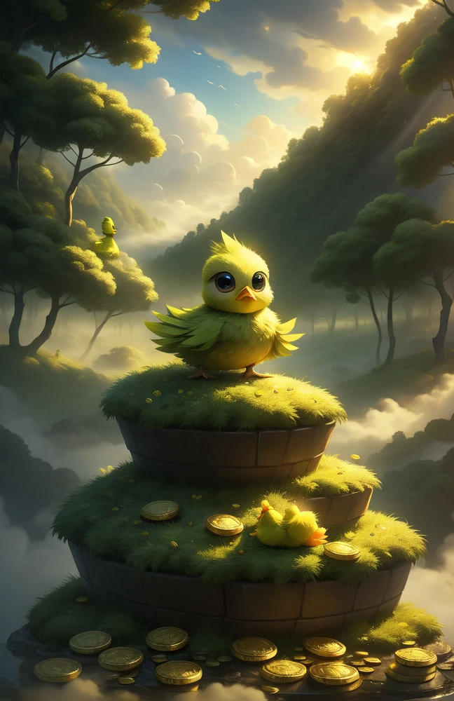 (((Green Chick))) Cute sky creatures, Cute big eyes, Living in a green forest, Bitcoin,  Coins pile up, Coin Mountain, , Sunlight,Magic in the air,Calm and peaceful atmosphere,Signs of fog in the distance,Great quality,Infinite photorealistic detail