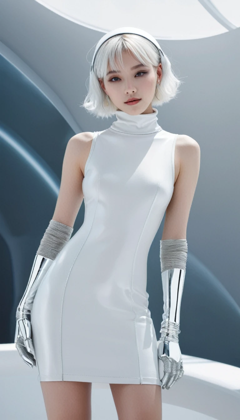 (masterpiece, best quality, Ultra Detailed, Surrealism:1.4), rest beautiful Pretty and cute woman, Japanese IG model, Attractive figure, April Rendering, (full-body shot, permanent:1.2), rest (Detailed wear, Full body wear:1.2), (Sleeveless Futuristic Turtleneck Knit Dress:1.4), (Emphasize body contours:1.2), (White Theme:1.4), (Silver metal wire decoration:1.3), (Silver necklace:1.3), (Silver bracelet:1.3), (Silver earrings:1.3), (Silver Anklet:1.3), (White futuristic sunglasses with silver frame:1.3), (white leather gloves:1.3), (Grab the skirt with your hands:1.3), (High-tech platform high-top sneakers:1.4), (White Theme:1.2), (Silver details:1.2), (Futuristic latex visor:1.4), arranged White hair, rest (detailed medium breasts, Detailed body lines, Leg and calf details), (Ultra-slim waist, Firm medium breasts, Medium buttocks, Beautiful sexy legs:1.2), White, beautiful and silky skin, Short neck, Small head, rest Small head, Delicate face, Cute and pretty slim face, Duckbill, Perfect beautiful teeth, blue eyes, Half open eyes, Shining eyes, White hair, Find Other, (In specific, FOG, mist, Steem)