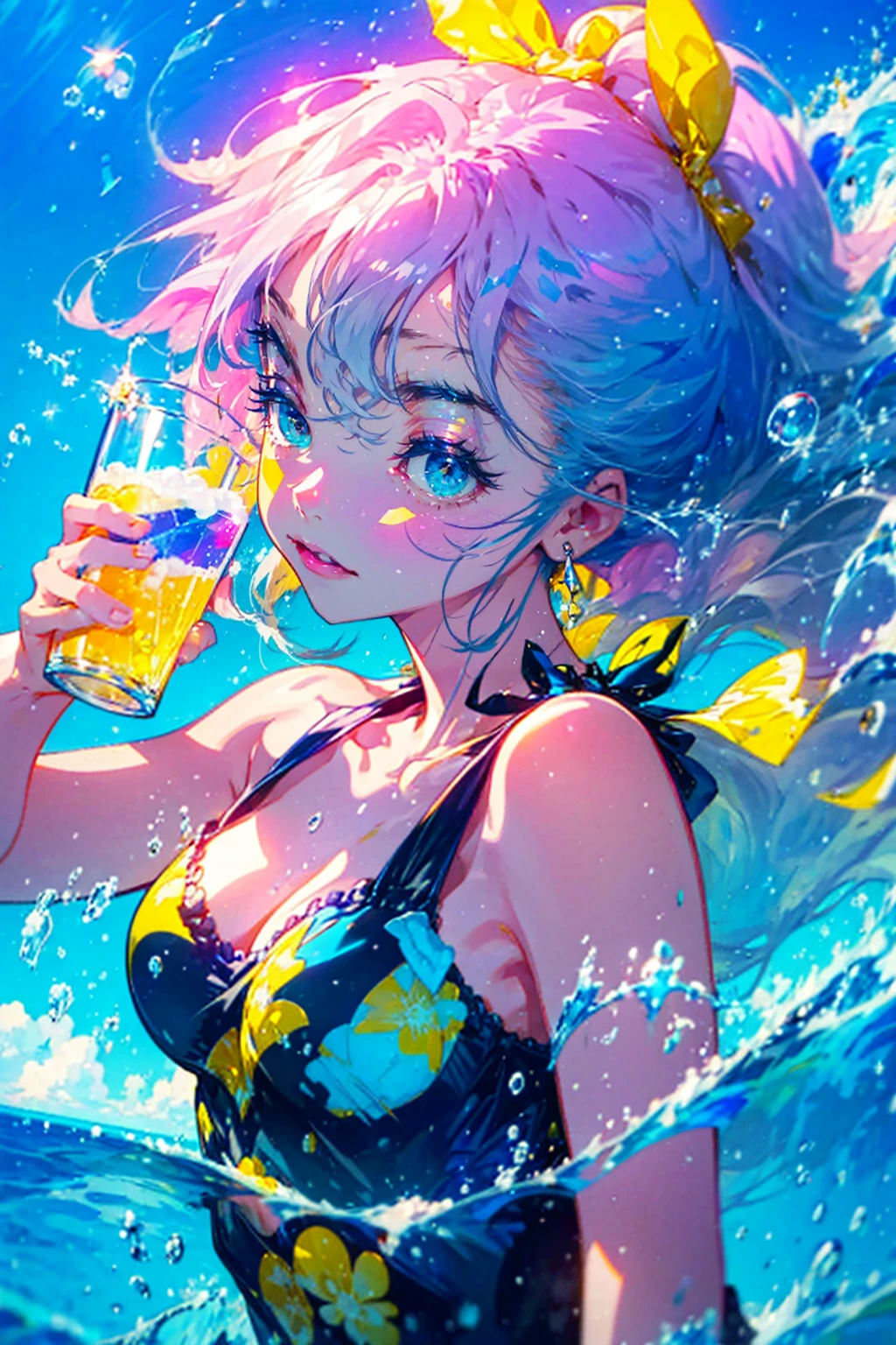 1girl,solo,cute,cleavage,upper body,hold a glass,Fizzy Soda,lots of bubbles,pink and yellow and blue,bright background,water splashes,in the beach,brilliant sea