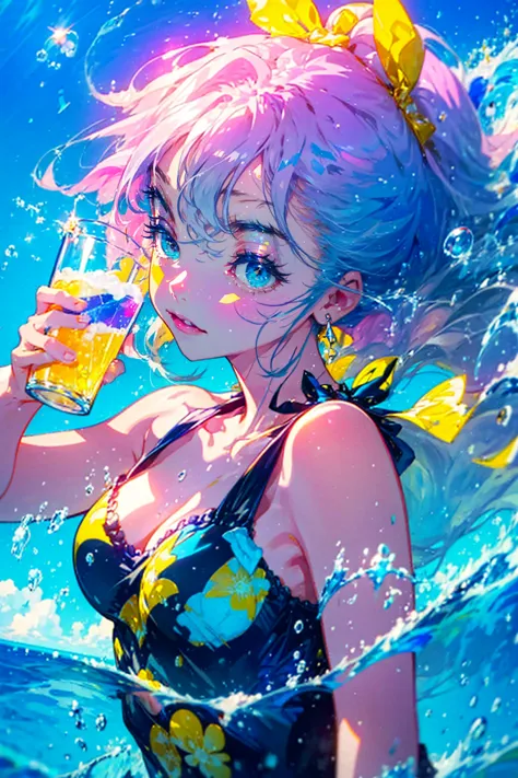 1girl,solo,cute,cleavage,upper body,hold a glass,Fizzy Soda,lots of bubbles,pink and yellow and blue,bright background,water spl...