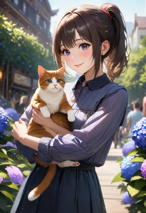 hydrangea park, cute casual clothes,holding a cat,blur the background,high school girl,ponytail,smile,glitter effect,highest qua...