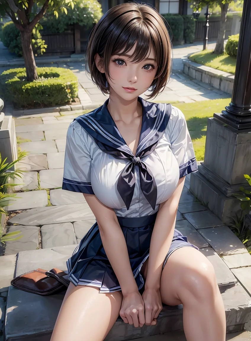 ((best quality, 8K, masterpiece :1.3)), 1. Innocent girl:1.3, (short hair,Sailor Suit,Beautiful breasts :1.2,Papillary process), Super mini skirt,Lace panties, Super detailed face, Beautiful eyes, Double eyelids,whole body,Cute face,(Sitting on the stone steps,Spread your legs),(Realistic face),(Realistic skin),Agent,Hips forward,Half are Japanese，Half are European,Sexy facial features