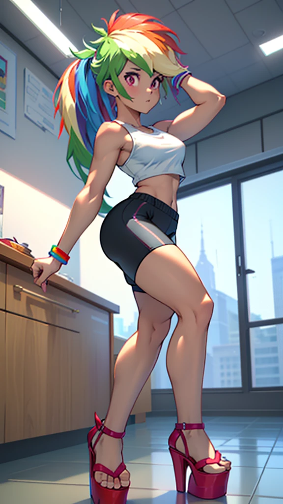 best quality, high quality, a cute girl, solo, rainbow dash, small croptop, spandex shorts, thick thighs, ((open-toe platform high heels, visible feet, highly detailed feet, holding a knife, extra small breasts)), classroom, school, ((4k, masterpiece, high-resolution))