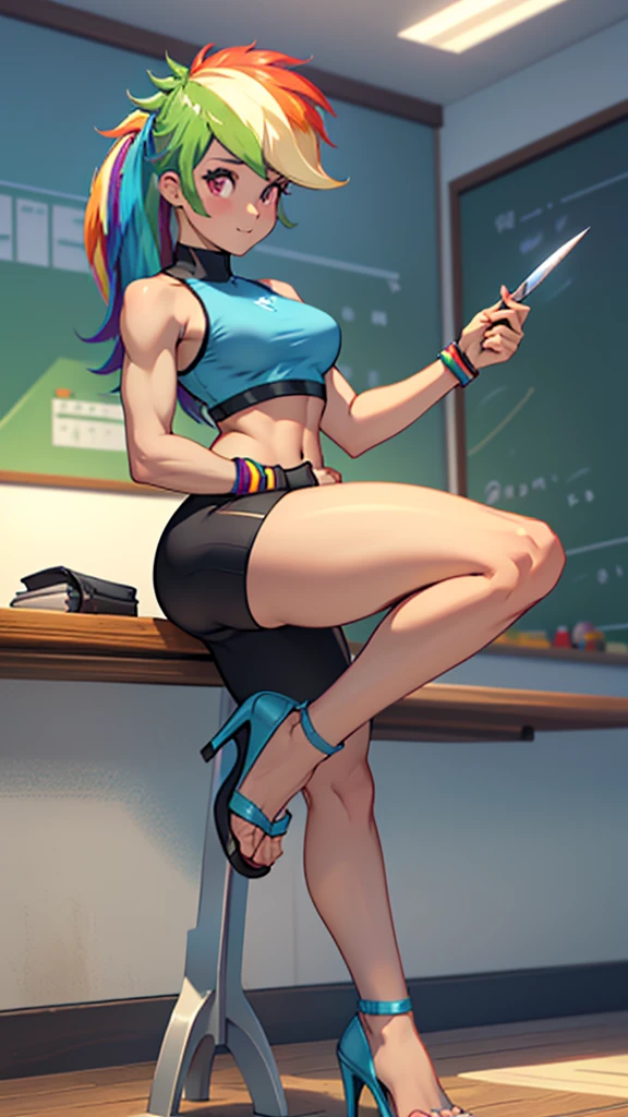 best quality, high quality, a cute girl, solo, rainbow dash, small croptop, spandex shorts, thick thighs, ((tall open-toe platform high heels, visible feet, highly detailed feet, holding a knife, extra small breasts)), classroom, school, ((4k, masterpiece, high-resolution))