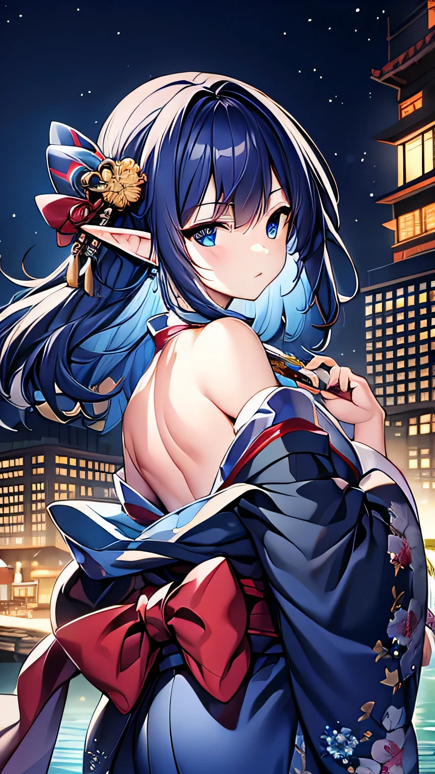 ((best quality)), ((masterpiece)), (detailed face and eyes), detailed hands and fingers, perfect face, accurate, textured skin, high details, blue hair, elf, multicolored eyes, pointy ears, kimono, wearing japanese traditional cloth, kanzashi, Night view, fireworks in the background, from back