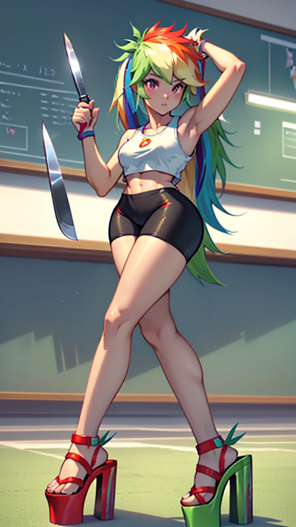 best quality, high quality, a cute girl, solo, rainbow dash, small croptop, spandex shorts, thick thighs, ((tall open-toe platform high heels, visible feet, highly detailed feet, holding a knife, extra small breasts)), classroom, school, ((4k, masterpiece, high-resolution))