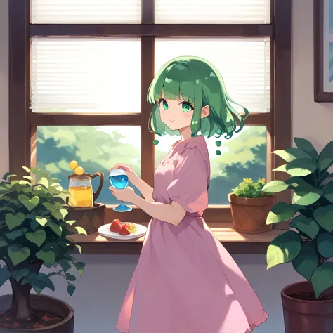 score_9, score_8_superior, score_7_superior, score_6_superior, sauce_anime, cute girl slime watering the garden, window, window ...