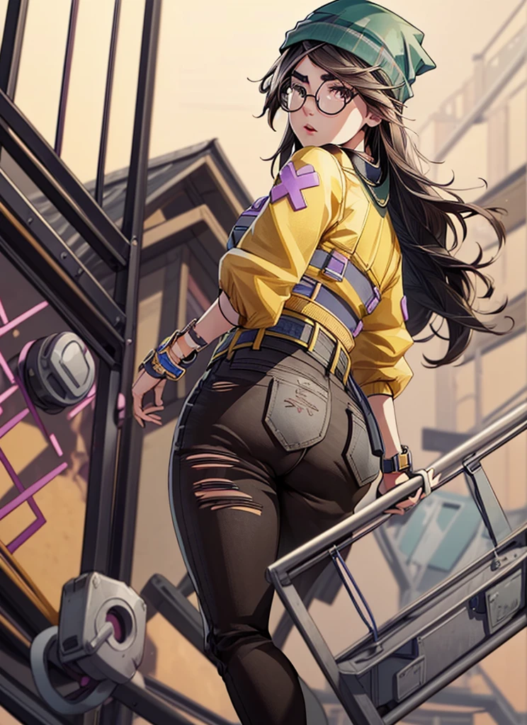 1girl,(adult:1.3),older,(asian girl),(asian face:1.2),,killjoy,green beanie, round glasses, yellow jacket, grey shirt, belt, (black pants:1.2), torn clothes,standing,(from behind:1.3),butt,big butt,big thighs,(from below:1.3),masterpiece,extremely detailed CG unity 8k wallpaper, best quality,32k,focus sharp, 