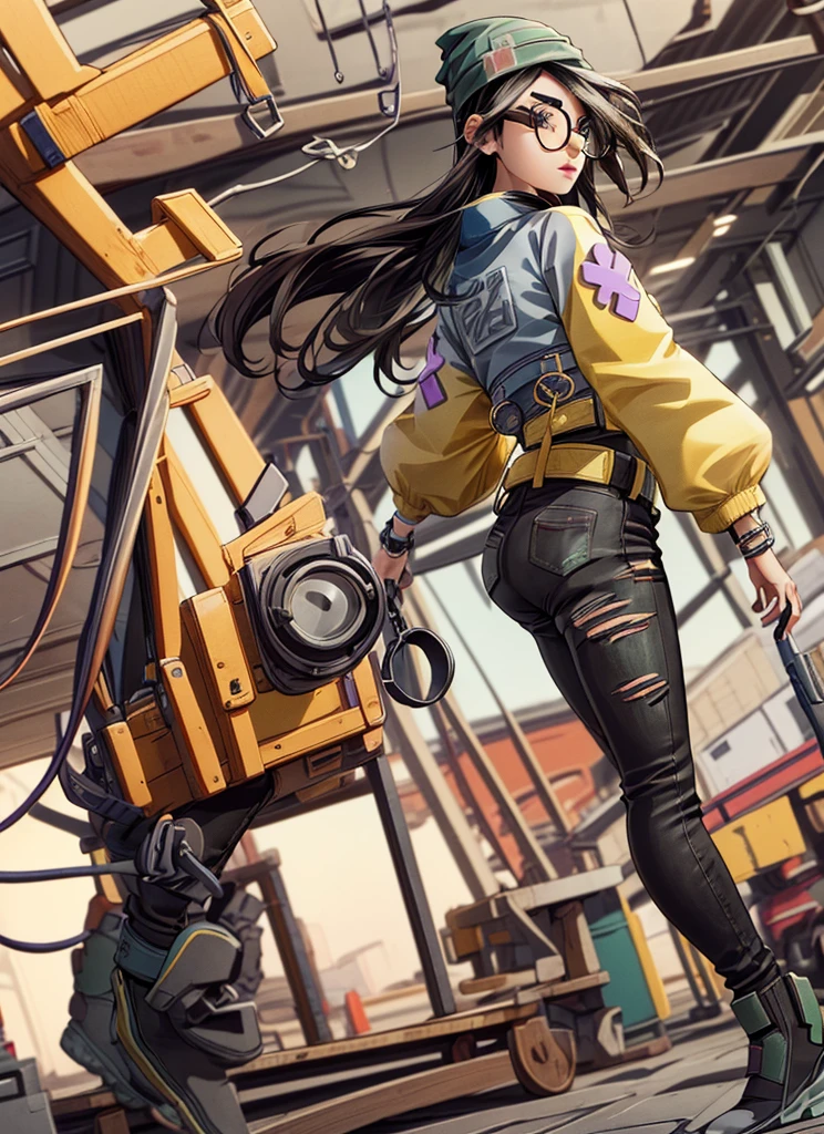 1girl,(adult:1.3),older,(asian girl),(asian face:1.2),,killjoy,green beanie, round glasses, yellow jacket, grey shirt, belt, (black pants:1.2), torn clothes,standing,(from behind:1.3),butt,big butt,big thighs,(from below:1.3),masterpiece,extremely detailed CG unity 8k wallpaper, best quality,32k,focus sharp, 