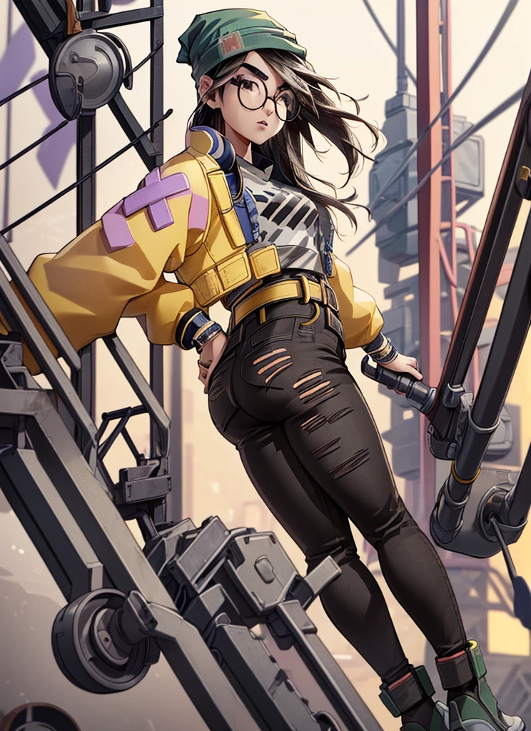 1girl,(adult:1.3),older,(asian girl),(asian face:1.2),,killjoy,green beanie, round glasses, yellow jacket, grey shirt, belt, (black pants:1.2), torn clothes,standing,(from behind:1.3),butt,big butt,big thighs,(from below:1.3),masterpiece,extremely detailed CG unity 8k wallpaper, best quality,32k,focus sharp, 