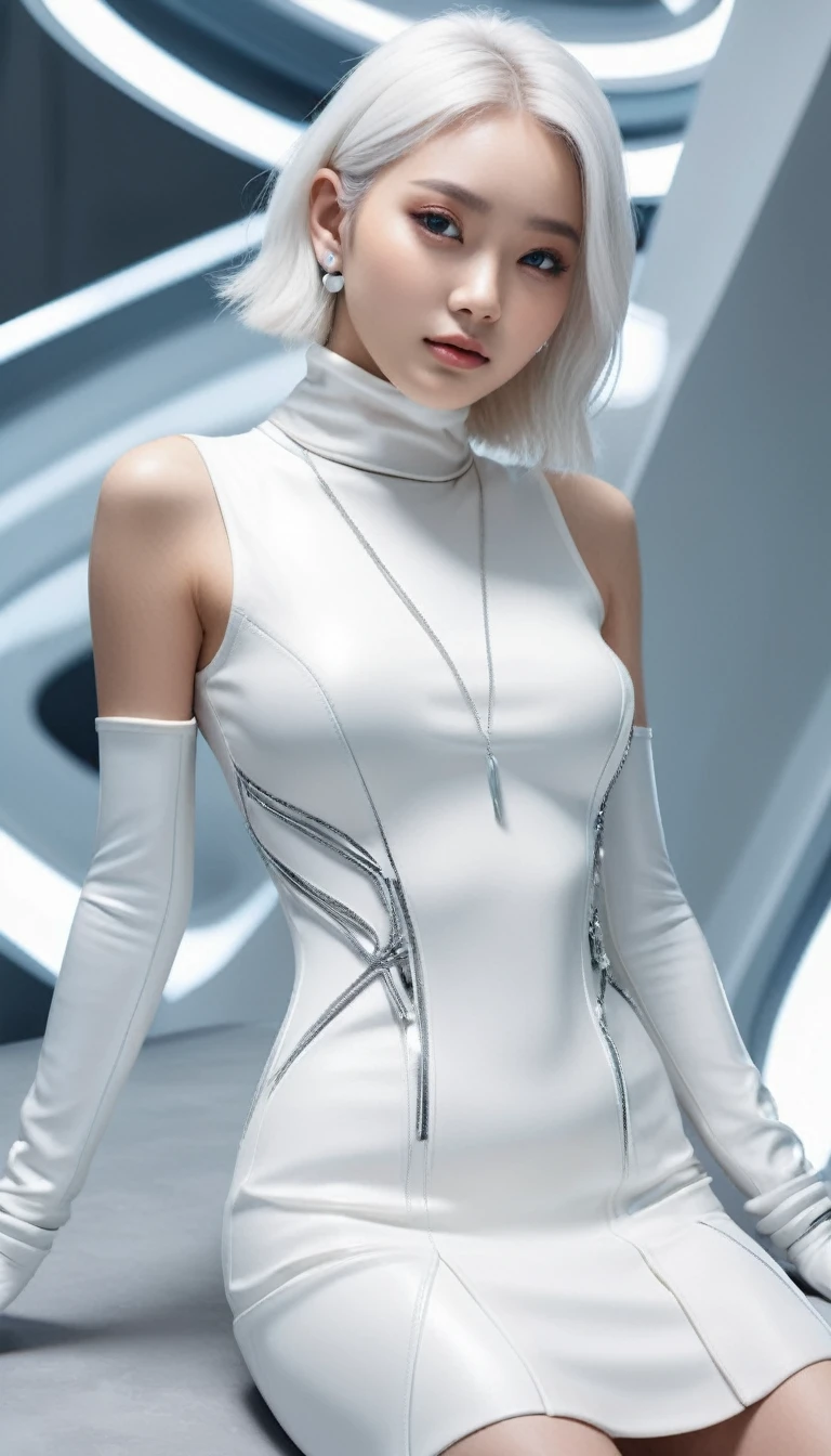 (masterpiece, best quality, Ultra Detailed, Surrealism:1.4), rest beautiful Pretty and cute woman, Japanese IG model, Attractive figure, April Rendering, (full-body shot, permanent:1.2), rest (Detailed wear, Full body wear:1.2), (Sleeveless Futuristic Turtleneck Knit Dress:1.4), (Emphasize body contours:1.2), (White Theme:1.4), (Silver metal wire decoration:1.3), (Silver necklace:1.3), (Silver bracelet:1.3), (Silver earrings:1.3), (Silver Anklet:1.3), (White futuristic sunglasses with silver frame:1.3), (white leather gloves:1.3), (Grab the skirt with your hands:1.3), (High-tech platform high-top sneakers:1.4), (White Theme:1.2), (Silver details:1.2), (Futuristic latex visor:1.4), arranged White hair, rest (detailed medium breasts, Detailed body lines, Leg and calf details), (Ultra-slim waist, Firm medium breasts, Medium buttocks, Beautiful sexy legs:1.2), White, beautiful and silky skin, Short neck, Small head, rest Small head, Delicate face, Cute and pretty slim face, Duckbill, Perfect beautiful teeth, blue eyes, Half open eyes, Shining eyes, White hair, Find Other, (In specific, FOG, mist, Steem)