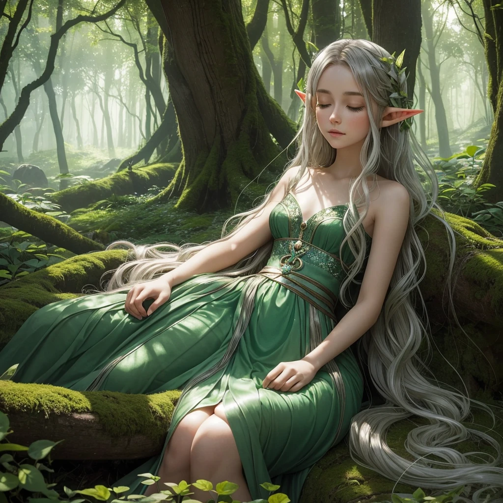 A stunningly beautiful elf, with delicate features and luminous green eyes, is nestled in a cozy corner of a magical forest glade. Her ethereal skin glows softly beneath the dappled sunlight filtering through the canopy above, revealing a slender yet curvaceous form. Her long, wavy silver hair cascades around her like a shimmering waterfall, and she sleeps peacefully, cradled by a plush pillow made of soft moss. The setting is serene and tranquil, with luminescent flowers and fairy lights illuminating the space, casting a warm, enchanting glow upon the sleeping elf. Her attire is a simple, flowing