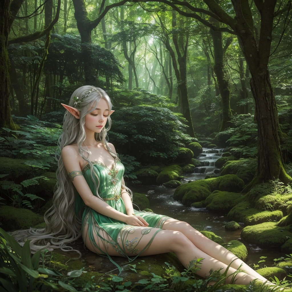 A stunningly beautiful elf, with delicate features and luminous green eyes, is nestled in a cozy corner of a magical forest glade. Her ethereal skin glows softly beneath the dappled sunlight filtering through the canopy above, revealing a slender yet curvaceous form. Her long, wavy silver hair cascades around her like a shimmering waterfall, and she sleeps peacefully, cradled by a plush pillow made of soft moss. The setting is serene and tranquil, with luminescent flowers and fairy lights illuminating the space, casting a warm, enchanting glow upon the sleeping elf. Her attire is a simple, flowing