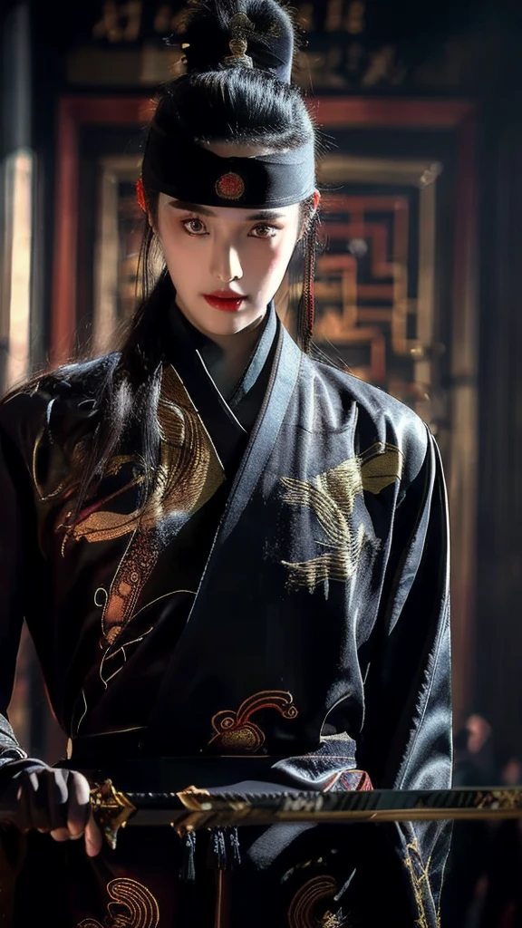 Wearing embroidered Chinese clothing,Dynamic Angle,view,Practical,Luminescence,
Xueer Embroidered Guard Uniform,1 Girl,Solitary focus,Holding a sword,have,Black Hair,Gloves,red Lips,tassel,Vague background,Vague,Lips,Upper Body,Shut up,Long sleeve,
male focus,Solitary,Handsome_male,
