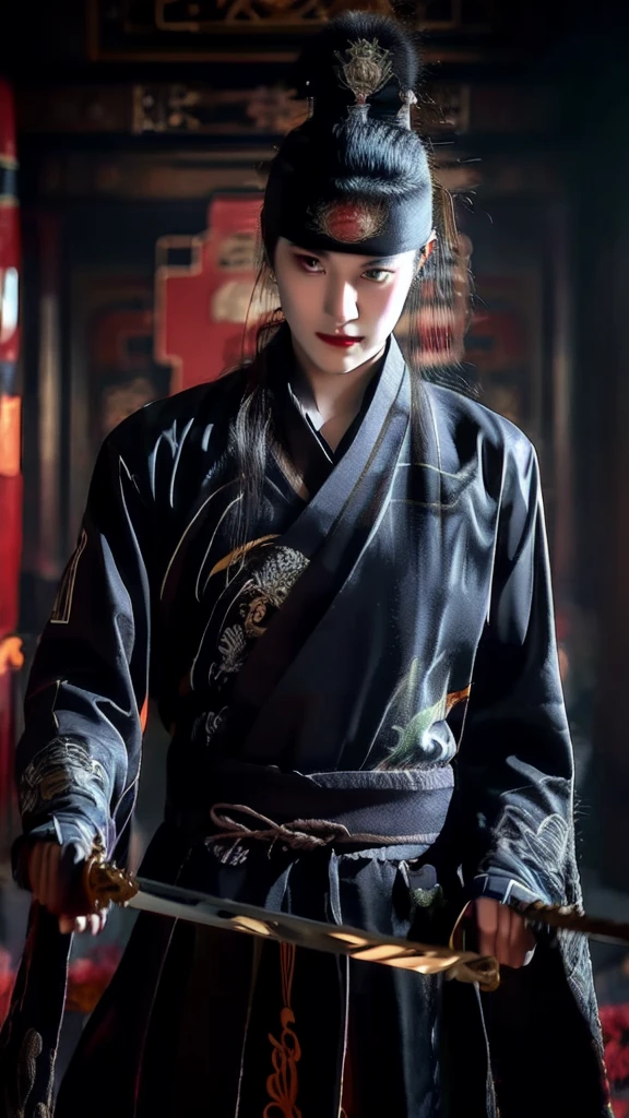Wearing embroidered Chinese clothing,Dynamic Angle,view,Practical,Luminescence,
Xueer Embroidered Guard Uniform,1 Girl,Solitary focus,Holding a sword,have,Black Hair,Gloves,red Lips,tassel,Vague background,Vague,Lips,Upper Body,Shut up,Long sleeve,
male focus,Solitary,Handsome_male,
