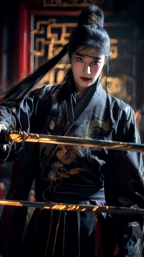 Wearing embroidered Chinese clothing,Dynamic Angle,view,Practical,Luminescence,
Xueer Embroidered Guard Uniform,1 Girl,Solitary focus,Holding a sword,have,Black Hair,Gloves,red Lips,tassel,Vague background,Vague,Lips,Upper Body,Shut up,Long sleeve,
male focus,Solitary,Handsome_male,
