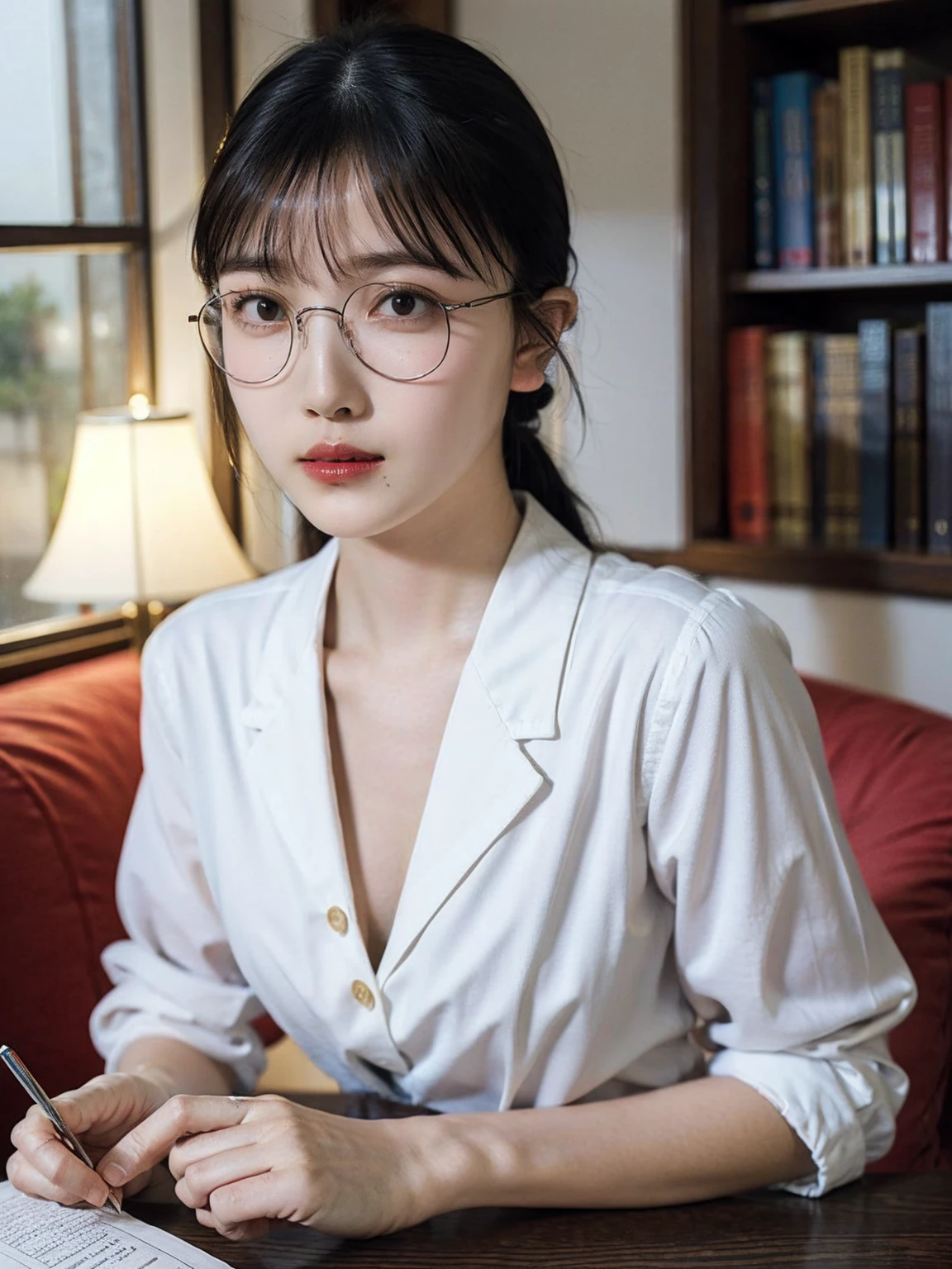 20 yo woman, black hair, short ponytail, ((thin frame round glasses)), thinking face, (wearing opened button shirt,medium breasts with cleavage), sitting, studying, BREAK, lying hand on table, holding pencil, opened book, books, a cup off milk, table lamp, BREAK, in living room, wall decor, mini library, glass window, wall clock,BREAK, cinematic light, photorealistic, masterpiece, best quality, complex CG, high detailed face, high detailed eyes, ((natural big breast))