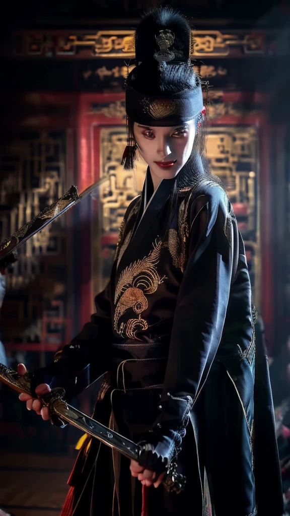 Wearing embroidered Chinese clothing,Dynamic Angle,view,Practical,Luminescence,
Xueer Embroidered Guard Uniform,1 Girl,Solitary focus,Holding a sword,have,Black Hair,Gloves,red Lips,tassel,Vague background,Vague,Lips,Upper Body,Shut up,Long sleeve,
male focus,Solitary,Handsome_male,
