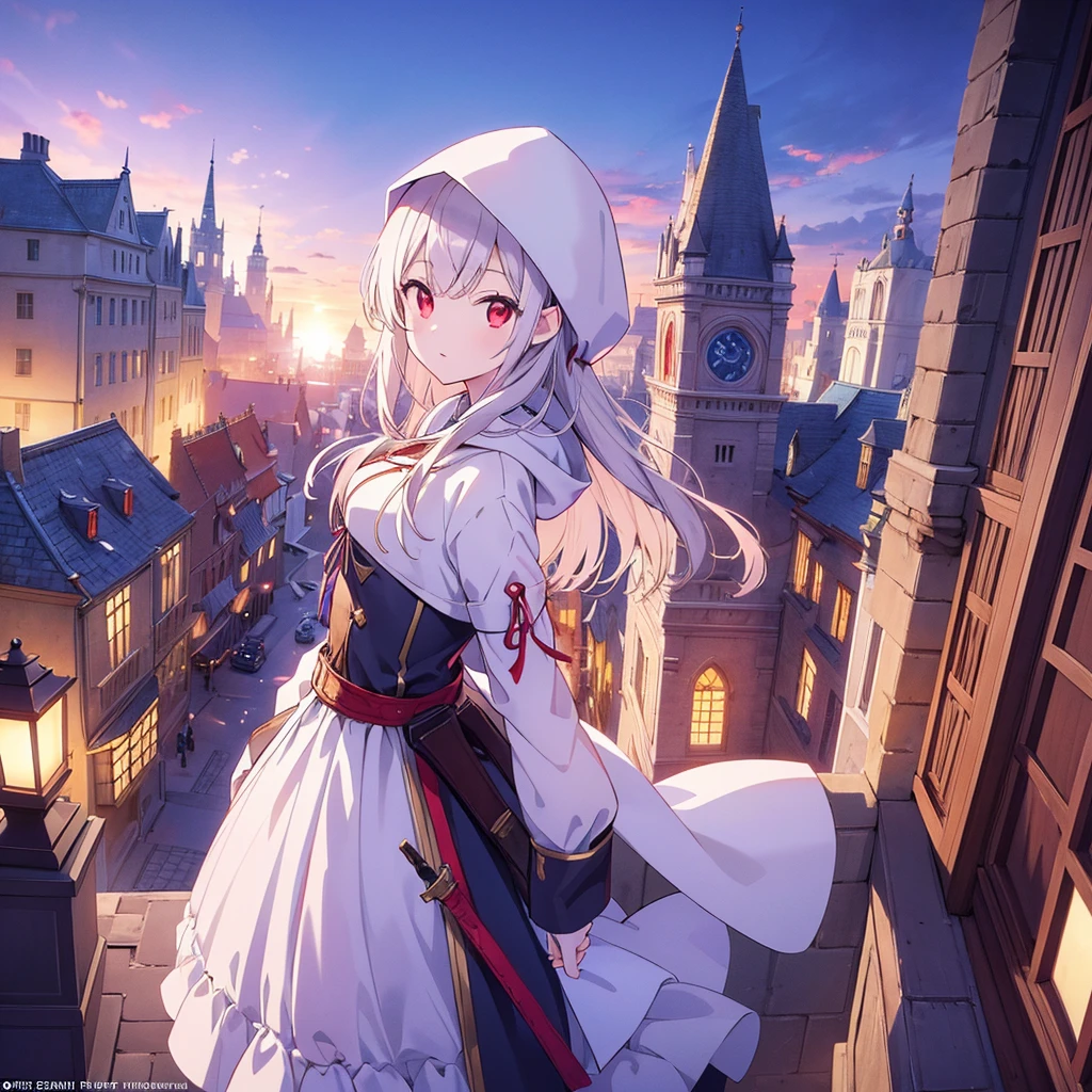 ((style:Colored pencil,pale colour))、Very detailed、(anime)、(masterpiece:1.2),Atmospheric perspective,Lens flare、Medieval European streets、Assassin girl standing on the roof of a building、Wearing a hood、cute、Red eyes、Your eyes shine in the moonlight、Assassin Girl、(Assassin costumes)、Fantasy World