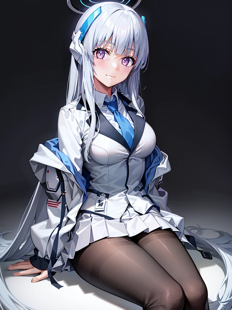 (Realistic painting style:0.9), masterpiece, (best quality), absurdres, looking at viewer, no pupils, (detailed eyes), alternate costume, 1girl, masterpiece, best quality, ultra-detailed, illustration,noa, 1girl, bangs, black pantyhose, blue necktie, blush, closed mouth, collared shirt, formal, grey hair, halo, headphones, jacket, long hair, long sleeves, looking at viewer, mechanical halo, necktie, open clothes, open jacket, pantyhose, pleated skirt, purple eyes, shirt, sitting, skirt, smile, solo, suit, very long hair, white jacket, white shirt, white skirt, white suit