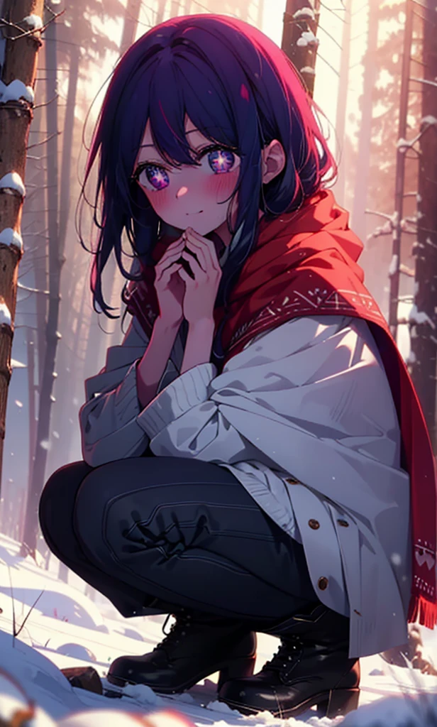 aihoshino, Ai Hoshino, Long Hair, bangs, (Purple eyes:1.1), Purple Hair, (Symbol-shaped pupil:1.5), smile,,smile,blush,White Breath,
Open your mouth,snow,Ground bonfire, Outdoor, boots, snowing, From the side, wood, suitcase, Cape, Blurred, , forest, White handbag, nature,  Squat, Mouth closed, Cape, winter, Written boundary depth, Black shoes, red Cape break looking at viewer, Upper Body, whole body, break Outdoor, forest, nature, break (masterpiece:1.2), Highest quality, High resolution, unity 8k wallpaper, (shape:0.8), (Beautiful and beautiful eyes:1.6), Highly detailed face, Perfect lighting, Highly detailed CG, (Perfect hands, Perfect Anatomy),