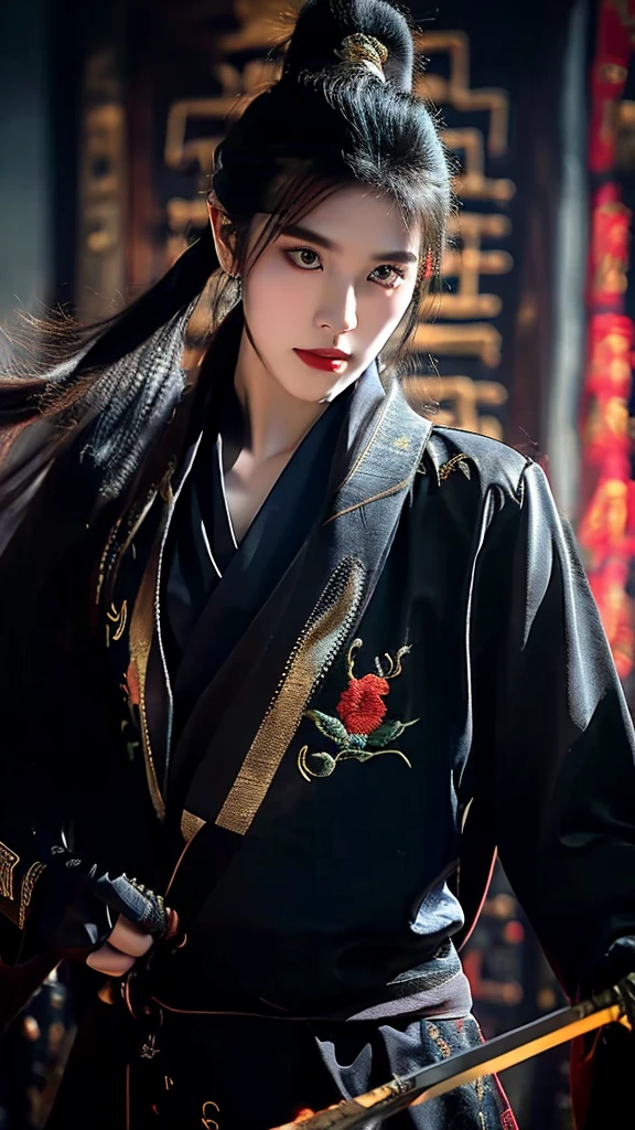 Wearing embroidered Chinese clothing,Dynamic Angle,view,Practical,Luminescence,
Xueer Embroidered Guard Uniform,1 Girl,Solitary focus,Holding a sword,have,Black Hair,Gloves,red Lips,Tassel background,Vague,Lips,Upper Body,Shut up,Long sleeve,
male focus,Solitary,Handsome_male,
