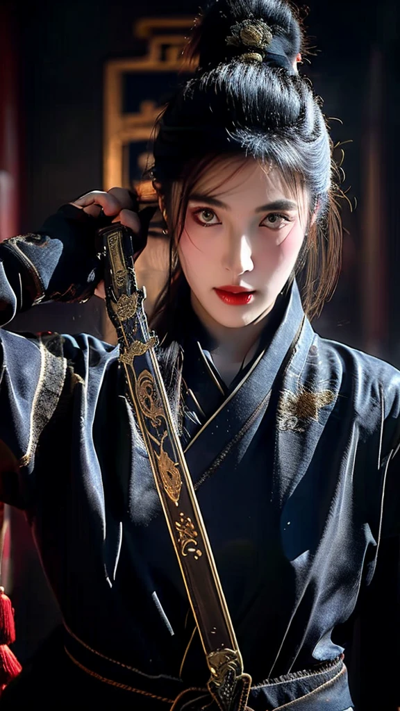 Wearing embroidered Chinese clothing,Dynamic Angle,view,Practical,Luminescence,
Xueer Embroidered Guard Uniform,1 Girl,Solitary focus,Holding a sword,have,Black Hair,Gloves,red Lips,Tassel background,Vague,Lips,Upper Body,Shut up,Long sleeve,
male focus,Solitary,Handsome_male,
