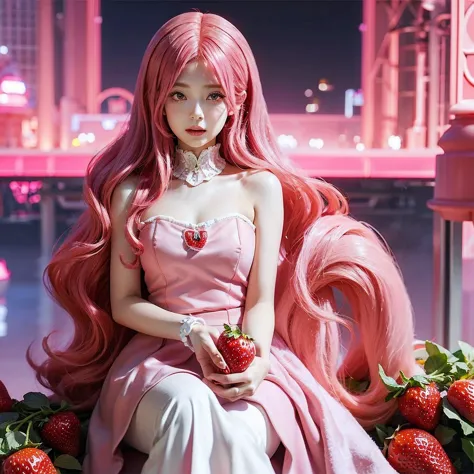 araffe girl with pink hair sitting in a field of strawberries, belle delphine, red wig, anime girl cosplay, anime barbie doll, a...